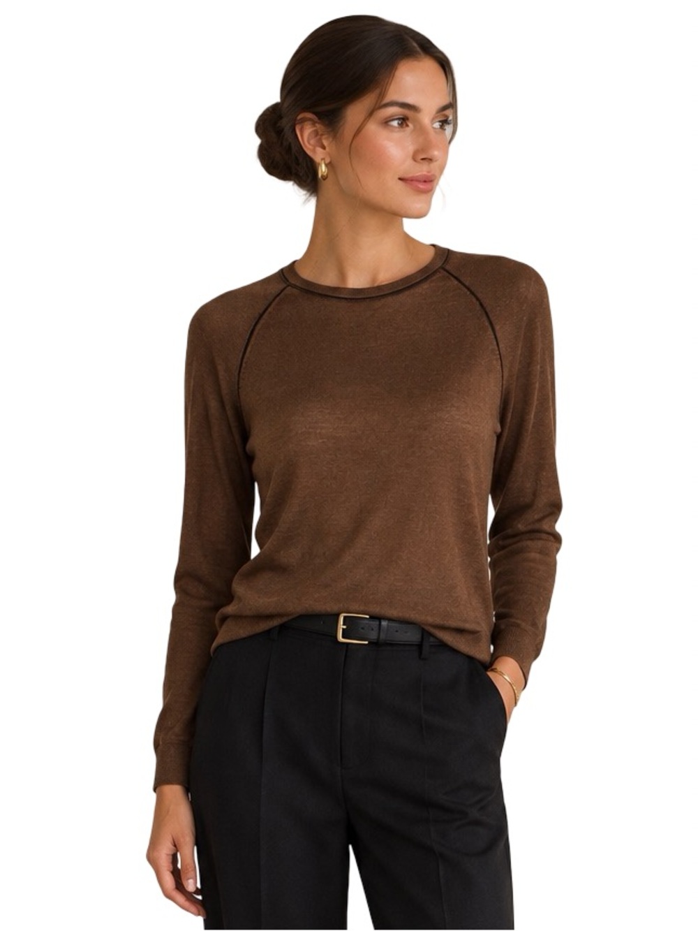 The Kooples Merino Wool Crewneck Sweater Size Small Brown Black Leather Piping